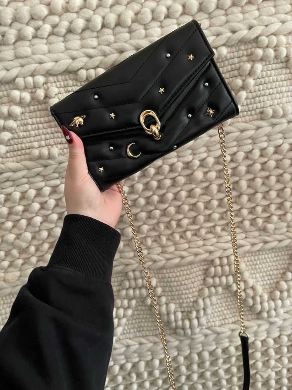Aldo Black Quilted Crossbody with Gold Celestial Accents